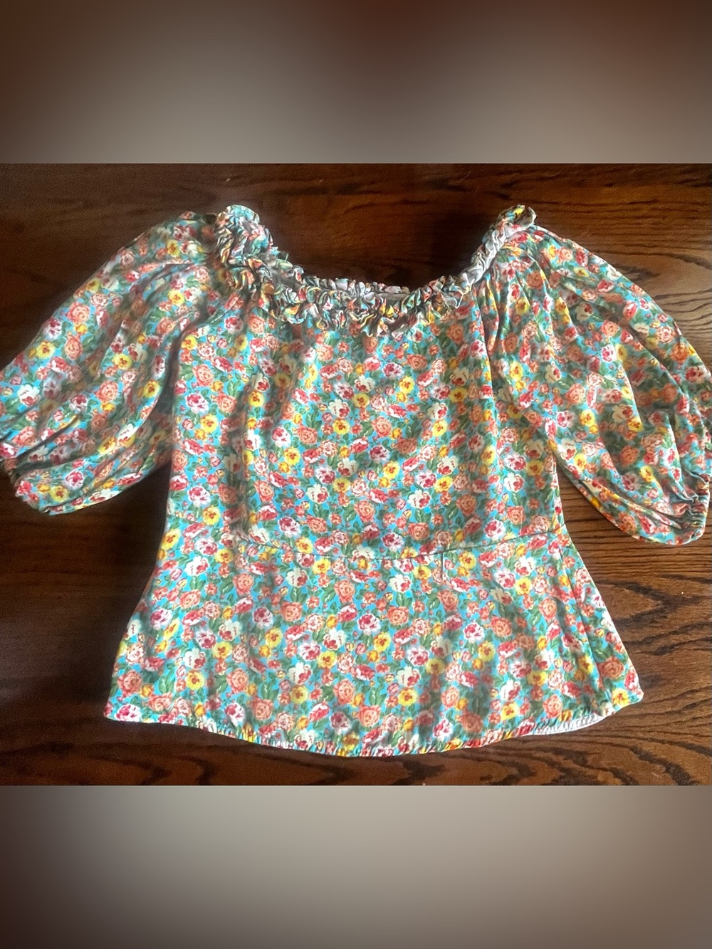 Off the shoulder Floral Puff Sleeve Peasant Top in Aqua, coral